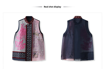 2026 New Chinese Embroidered Colorblock Mulberry Silk Vest Top
