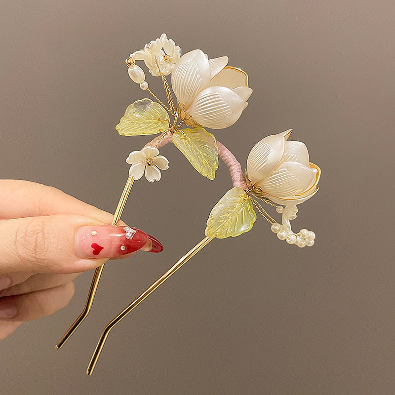 U Hairpin Glass White Magnolia Chinese Style Forest Fairy Cheongsam Accessory