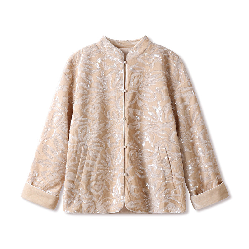 New Chinese Satin Floral Sequin Button Light Luxury Loose Coat