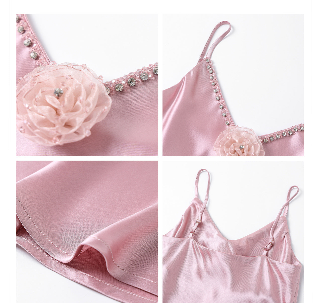 French Style Pink 3D Rose Acetate Strap Dress Elegant Long Gown