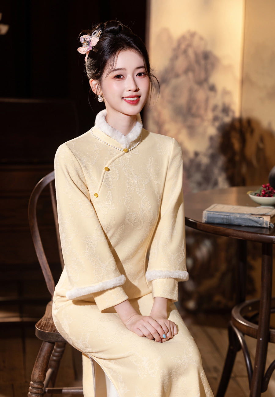 Elegant Yellow Winter Cheongsam – High-End Warm Daily Style