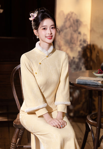 Elegant Yellow Winter Cheongsam – High-End Warm Daily Style