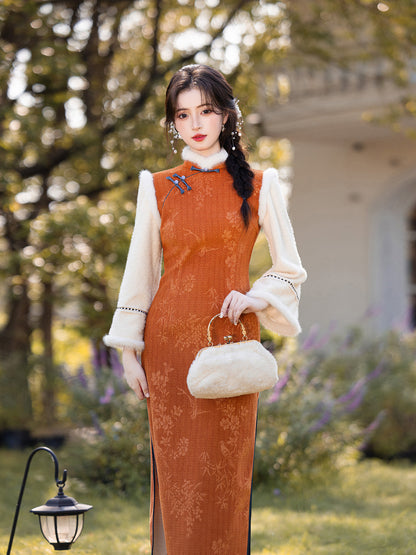 2025 Winter Chenille Fleece Long Cheongsam Patchwork New Chinese Style