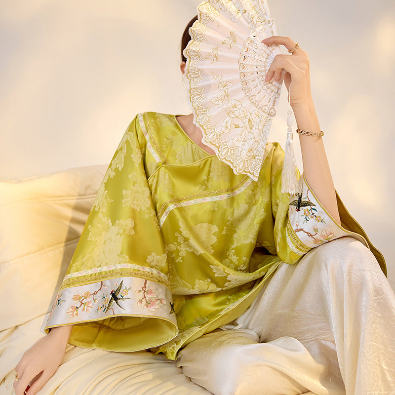 Elegant Yellow Jacquard Rayon Shirt New Chinese Style Top 2026