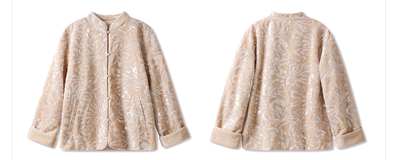 New Chinese Satin Floral Sequin Button Light Luxury Loose Coat