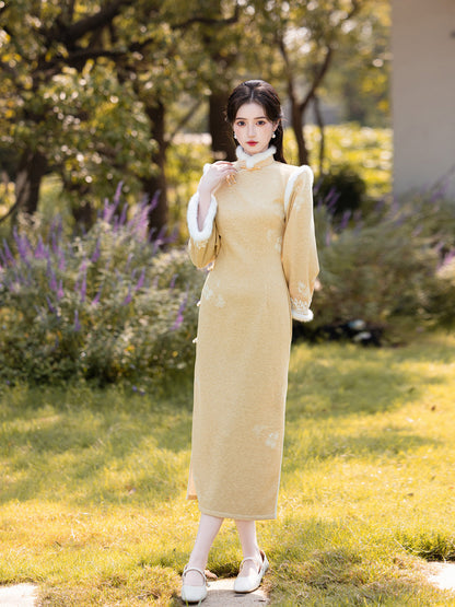 Long Sleeve Crystal Velvet Qipao | Winter Thickened Fleece Lined Dress