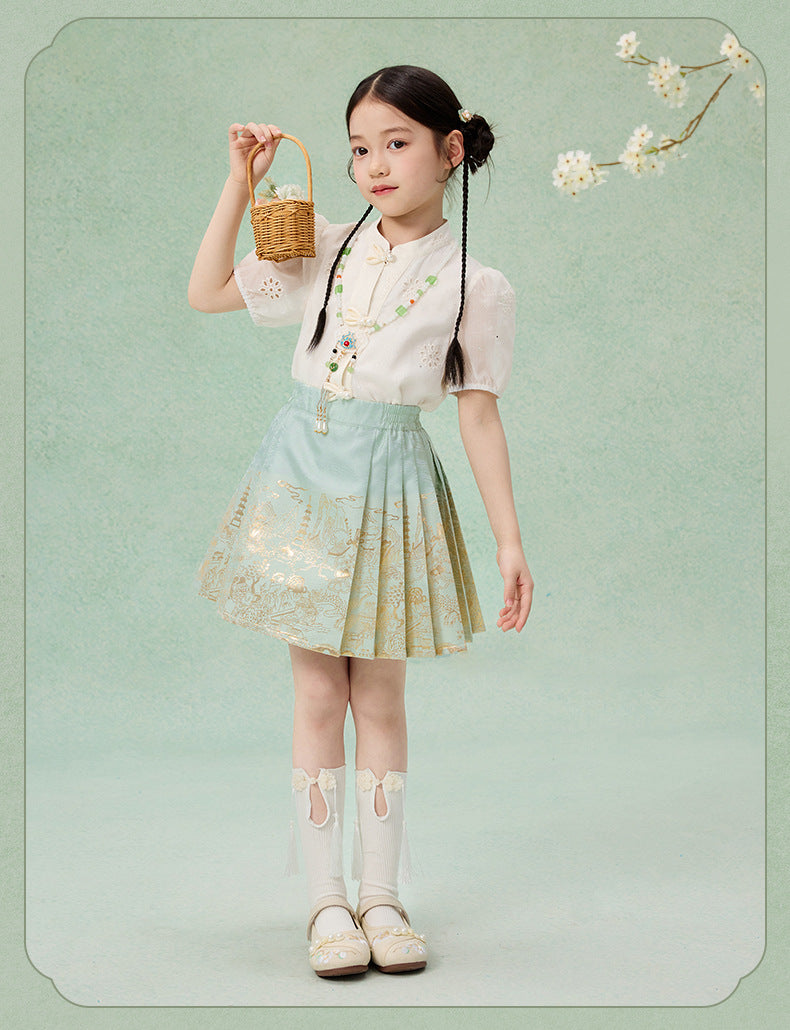 Girls Summer Hanfu Set — Short Sleeve Shirt & Mamian Skirt Two-Piece