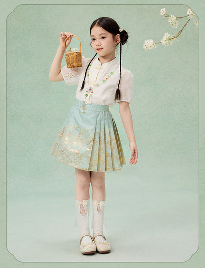 Girls Summer Hanfu Set — Short Sleeve Shirt & Mamian Skirt Two-Piece