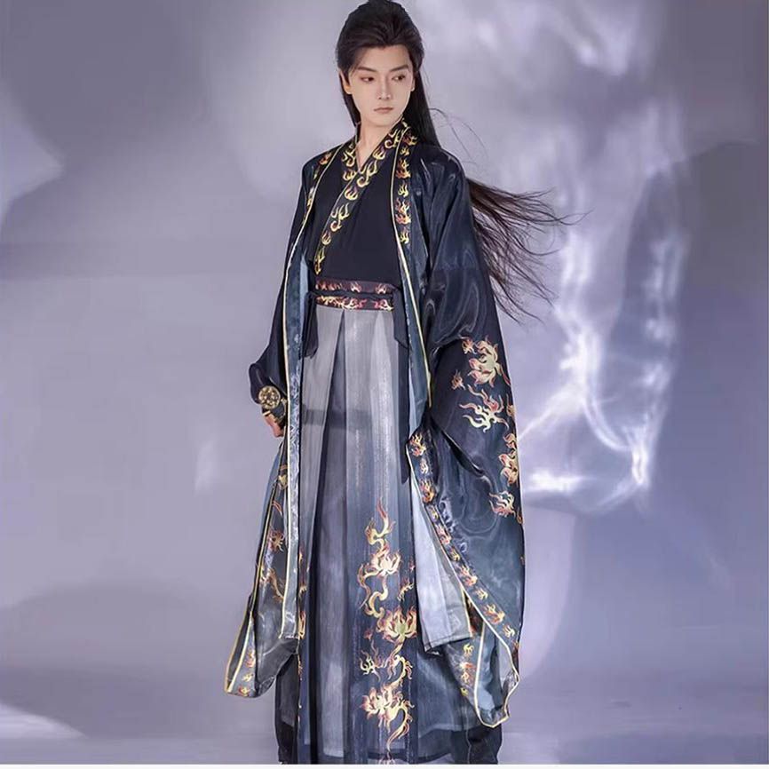 Oriental Ancient Drama Hanfu Mens Cross Collar Qi Waist Large Sleeve