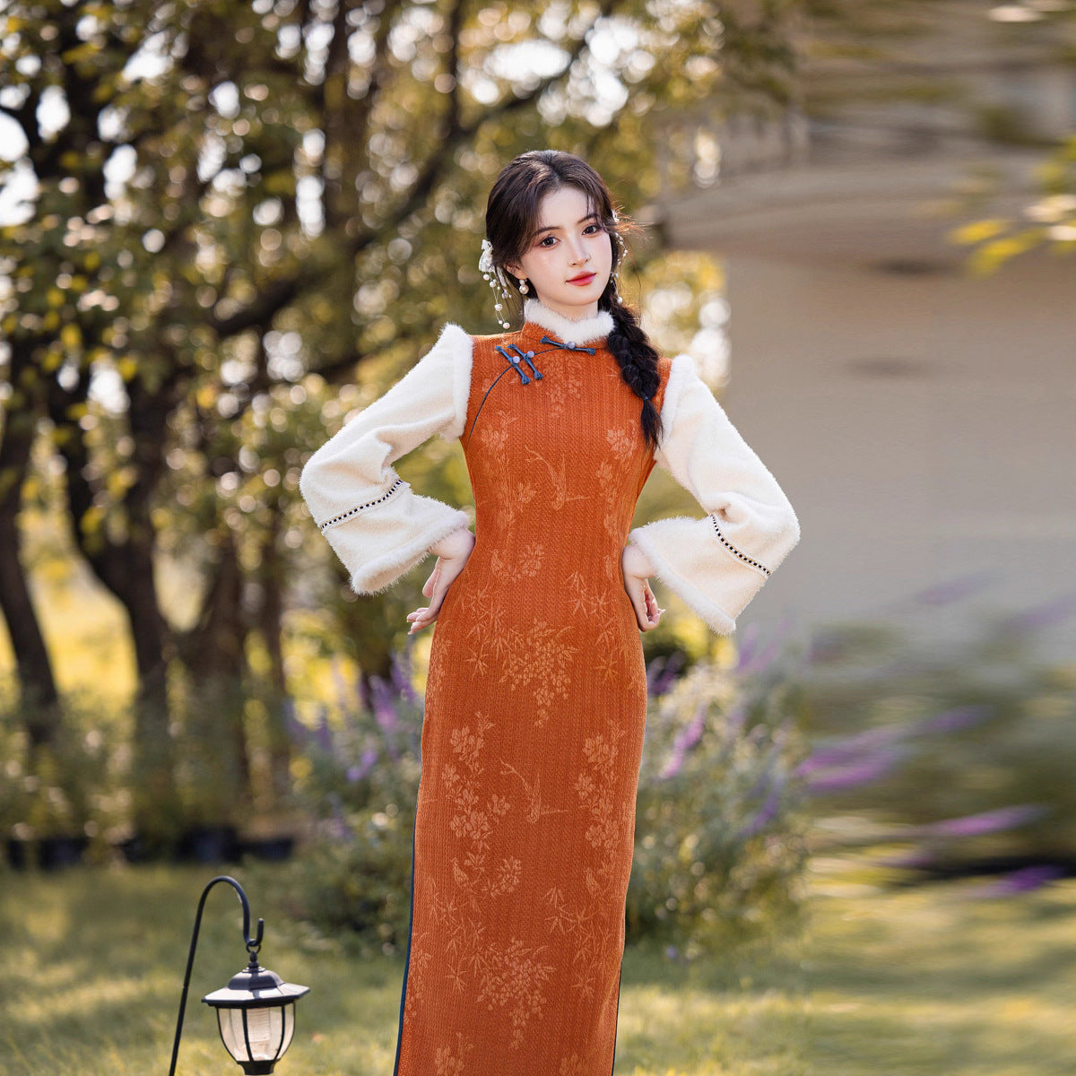 2025 Winter Chenille Fleece Long Cheongsam Patchwork New Chinese Style