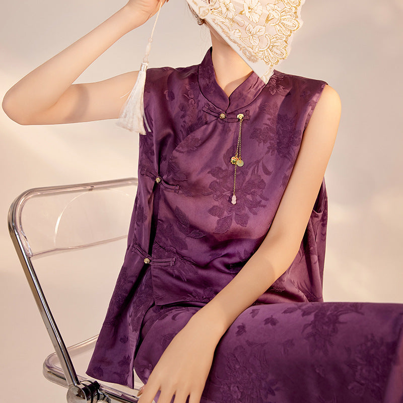 2026New Chinese Style Super Beautiful Purple Printed Rayon Vest and Skirt Early Autumn Set for Women