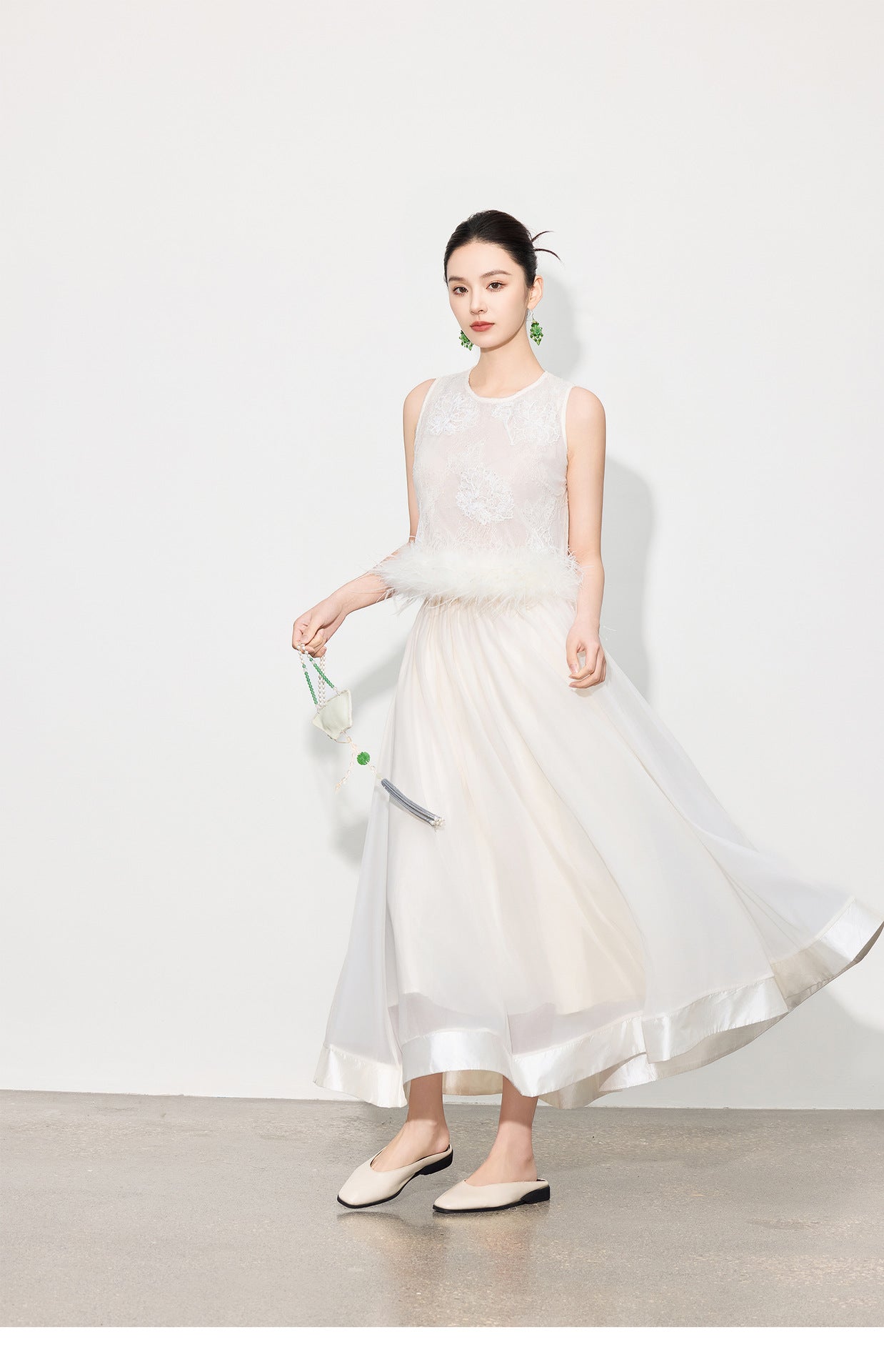 Double-Layer Mesh Patchwork Long Skirt with Elastic Waist