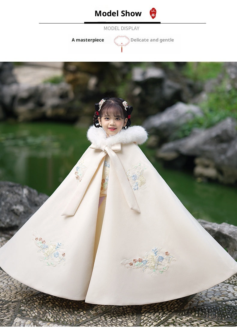 Girls' Winter Hanfu Cloak with Fur Collar Hooded Fairy Cape