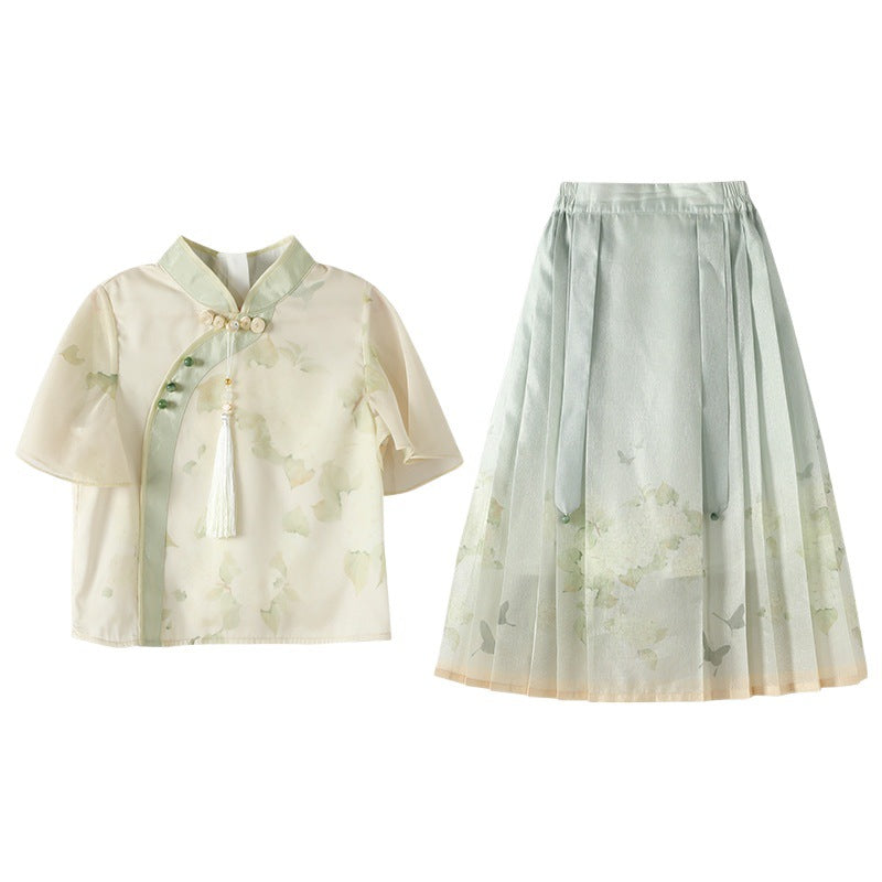 New Chinese Style Girls Outfit — Short Sleeve Shirt & Pleated Skirt