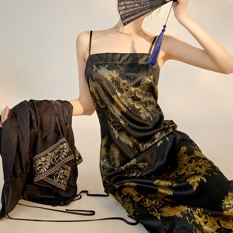 Summer New Chinese Printed Rayon Shirt & Strap Dress Set