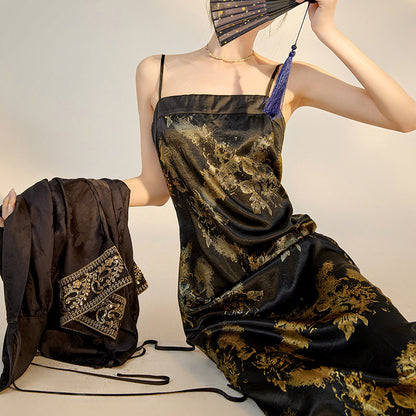 Summer New Chinese Printed Rayon Shirt & Strap Dress Set