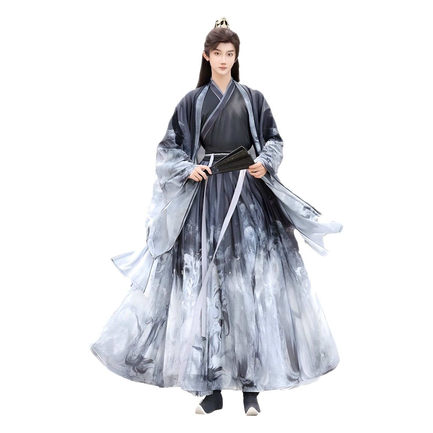 Oriental Ancient Drama Hanfu Costume Mens White Ink Print Daily Wear