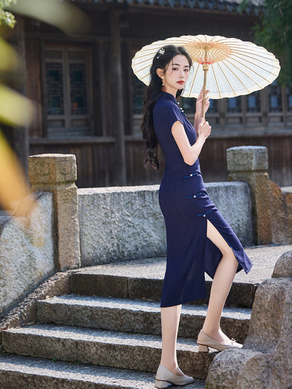 Striped Cotton Linen Cheongsam – 2025 Vintage Artistic Dress