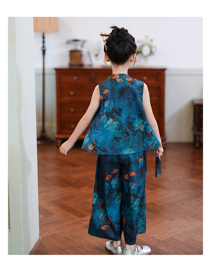 Children’s Summer Hanfu — Floral Top & Comfortable Wide-Leg Pants
