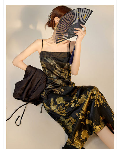 Summer New Chinese Printed Rayon Shirt & Strap Dress Set