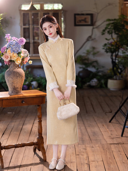 Yellow Fleece-Lined Qipao | Winter Thickened Long Sleeve New Chinese Style 2025
