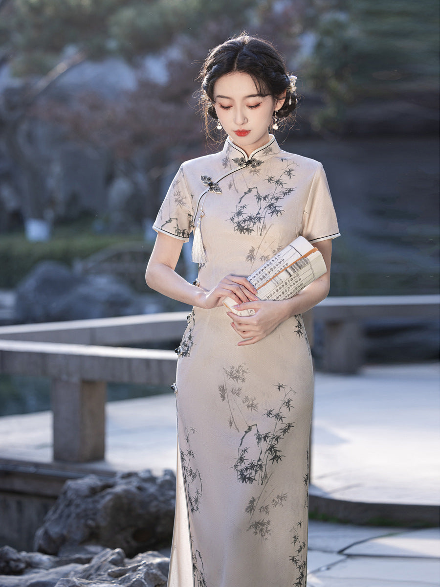 Asymmetrical Long Cheongsam – High-End Elegant Daily Dress