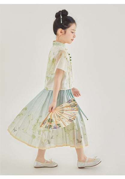 New Chinese Style Girls Outfit — Short Sleeve Shirt & Pleated Skirt