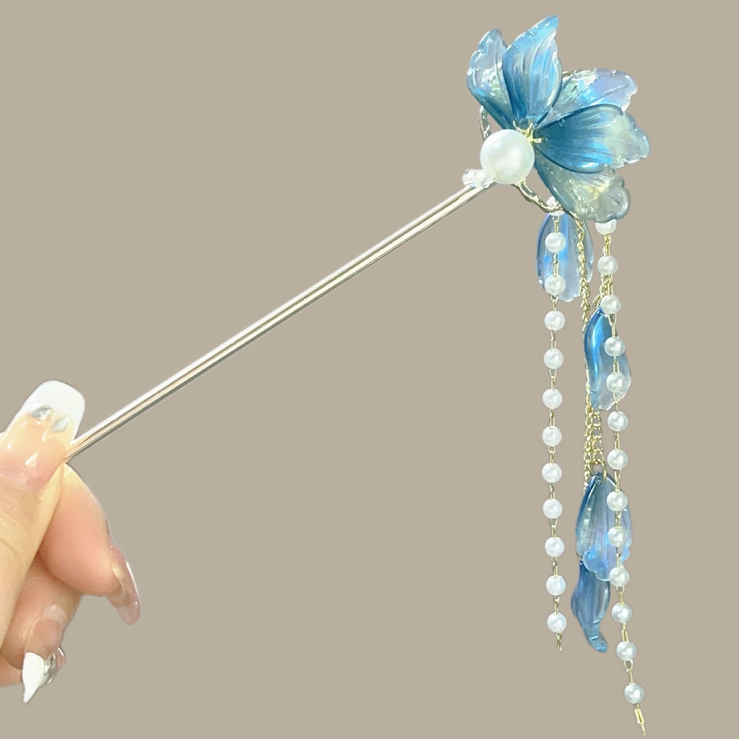 Ancient Style Blue Flower Hairpin High End Chinese Style Pearl Tassel Hairpin
