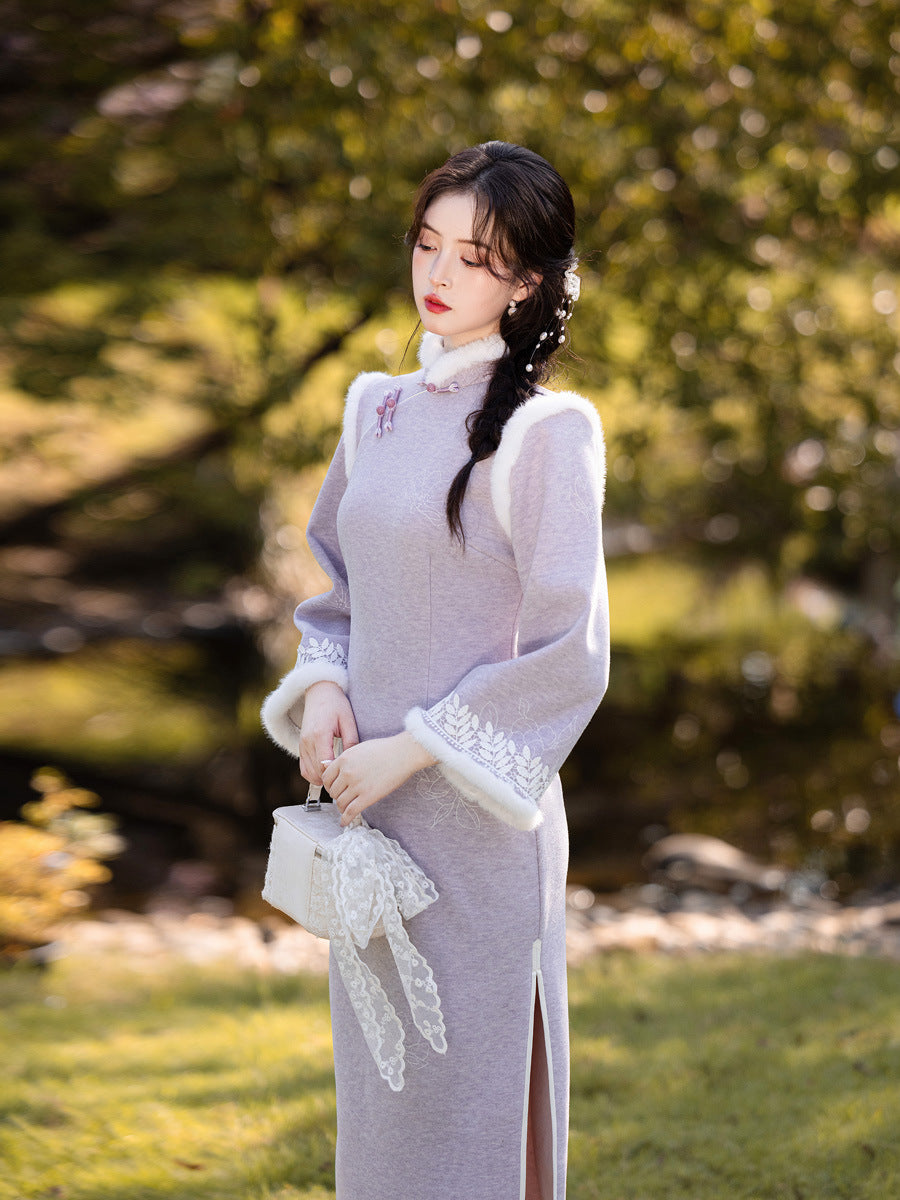 Embroidered National Style Qipao | Inverted Sleeve Winter Thickened Dress
