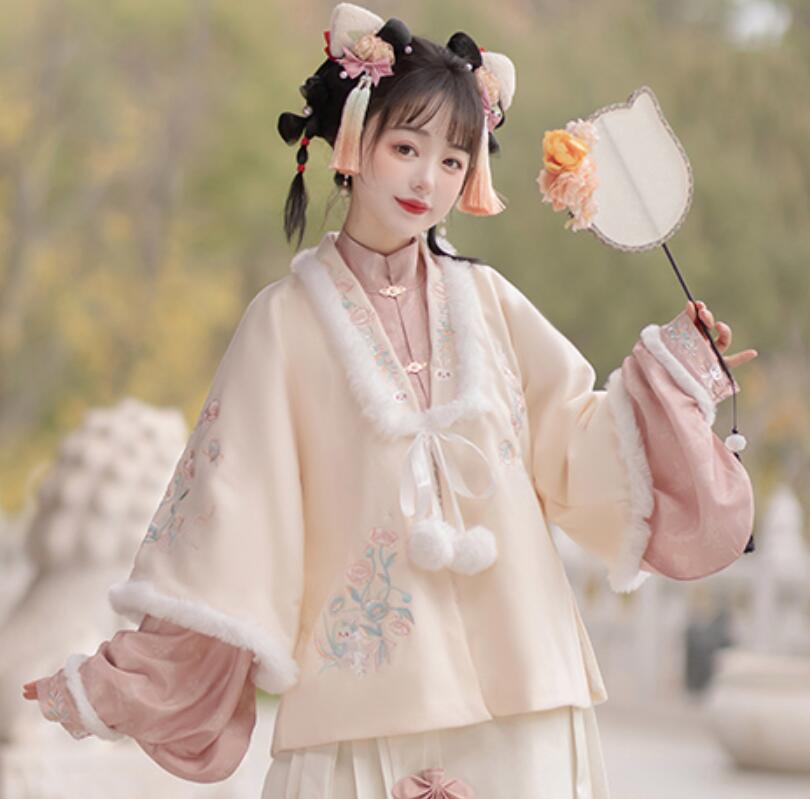 Trees of Sea Women Ming Hanfu Set: Embroidered Stand Collar Jacket & Horse Face Skirt New Year