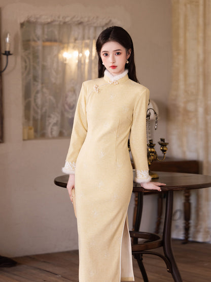 Yellow Fleece-Lined Qipao | Winter Thickened Long Sleeve New Chinese Style 2025