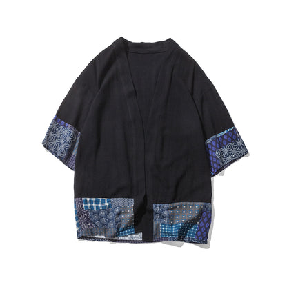 Summer Chinese Hanfu Cardigan Men’s Cotton Linen Patchwork Robe