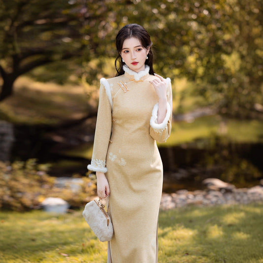 Long Sleeve Crystal Velvet Qipao | Winter Thickened Fleece Lined Dress