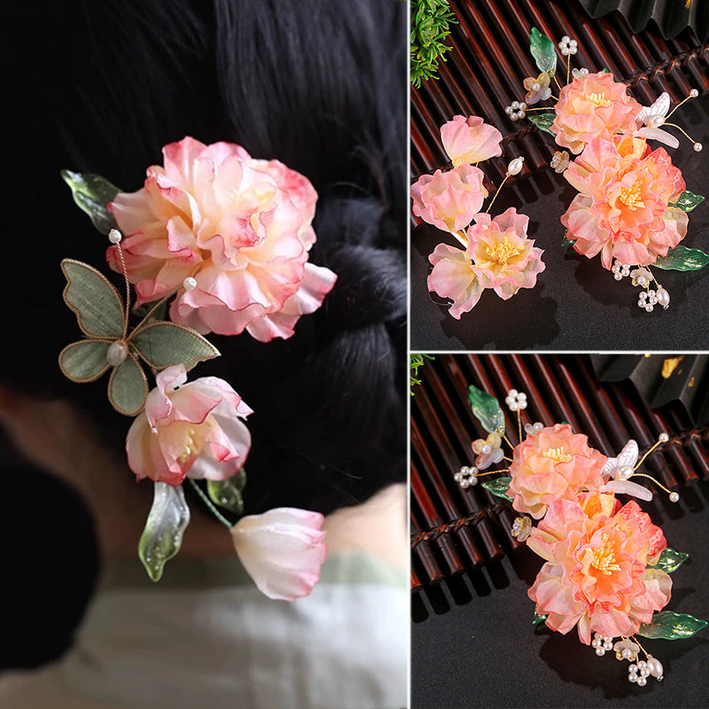 Fairy Pink Silk Flower Hairpin Ancient Style Hanfu Cheongsam Side Clip