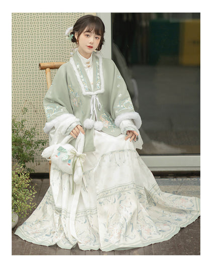 Trees of Sea Women Ming Hanfu Set: Fleece Lined Embroidered Collared Jacket & Horse Face Skirt New Year Outfit