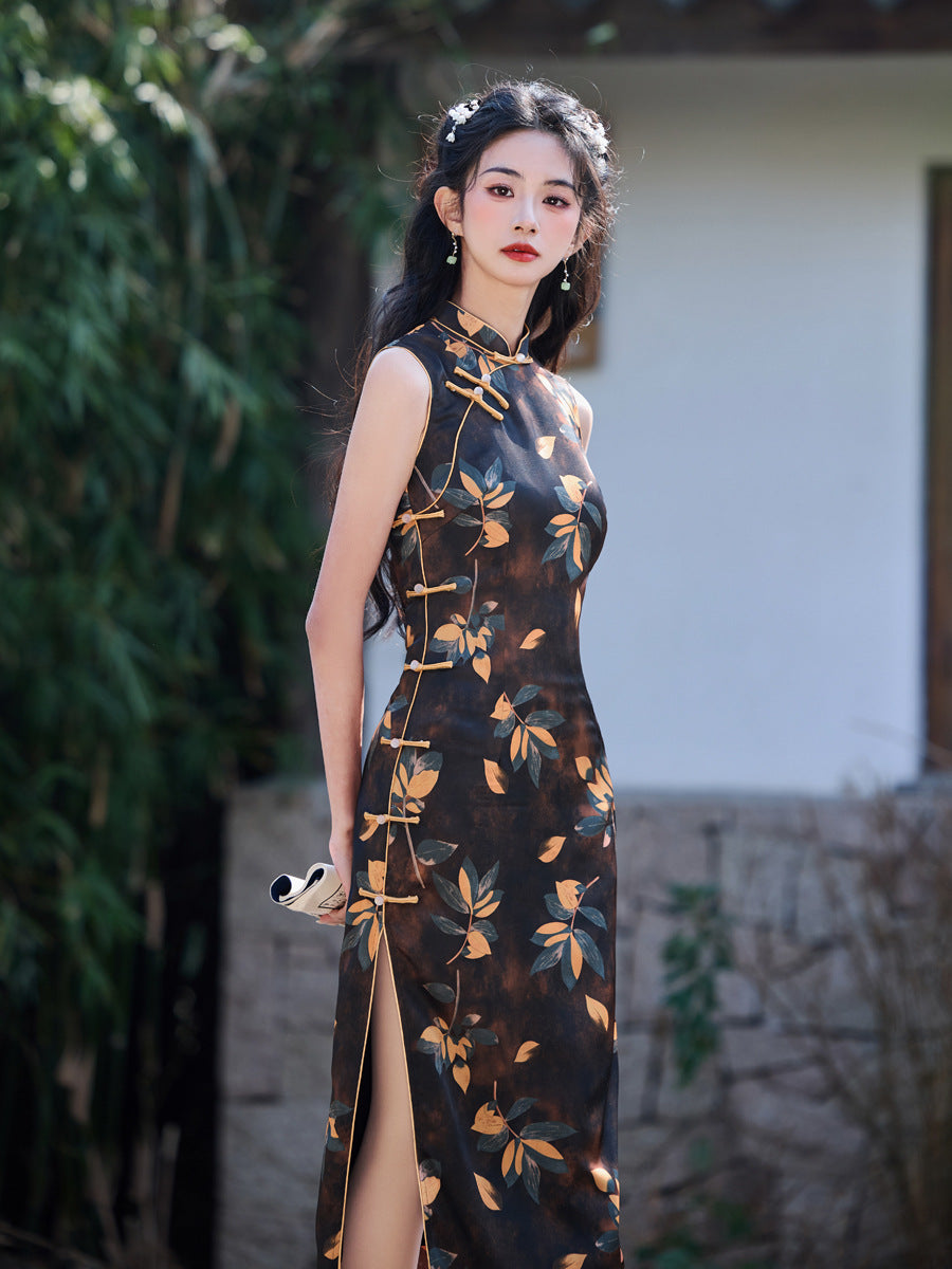 Black Sleeveless Cheongsam – Old Shanghai Printed Slim Dress