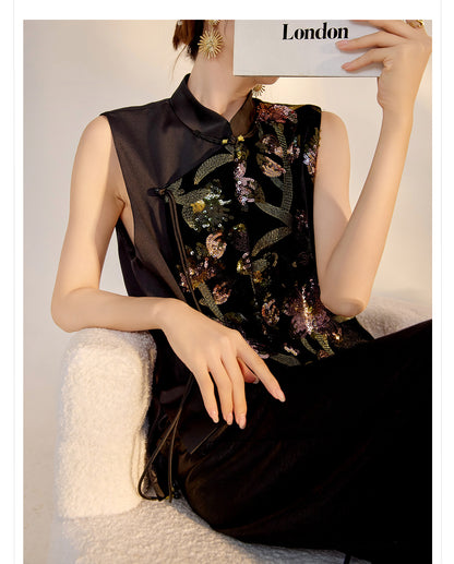 Summer Sequin Asymmetrical Vest Top High-End National Style