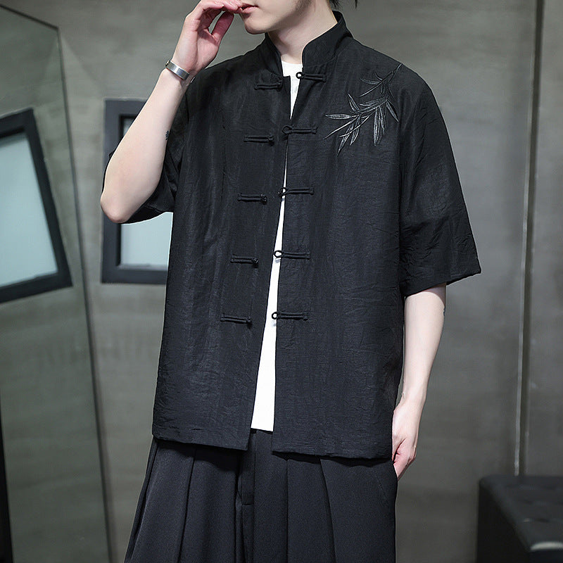 Mens Summer Chinese Embroidered Tang Shirt Hanfu Jushi Suit