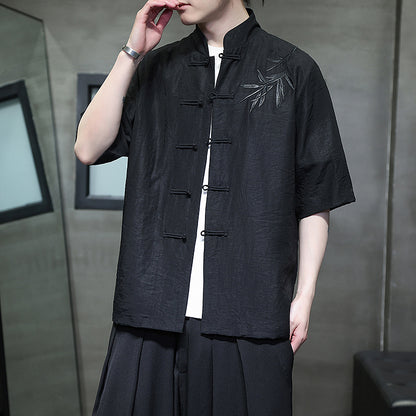 Mens Summer Chinese Embroidered Tang Shirt Hanfu Jushi Suit