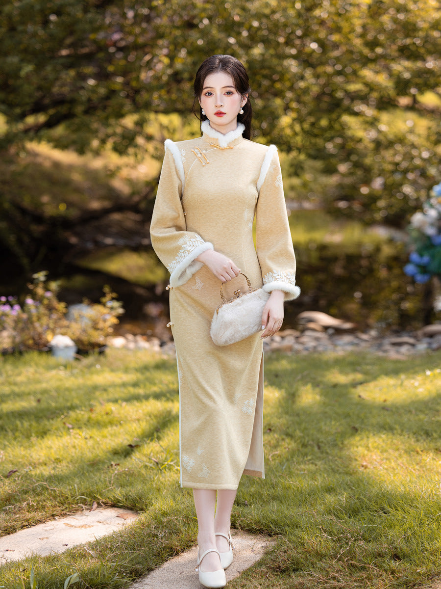 Long Sleeve Crystal Velvet Qipao | Winter Thickened Fleece Lined Dress