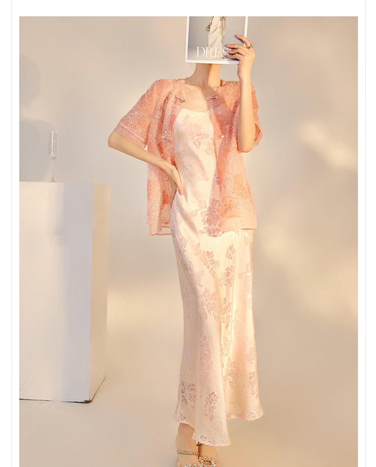 Elegant National Style Rayon Jacquard Embroidered Long Camisole Dress