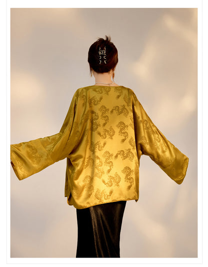 New Chinese Old Money Style Dragon Embroidered Acetate Luxury Coat