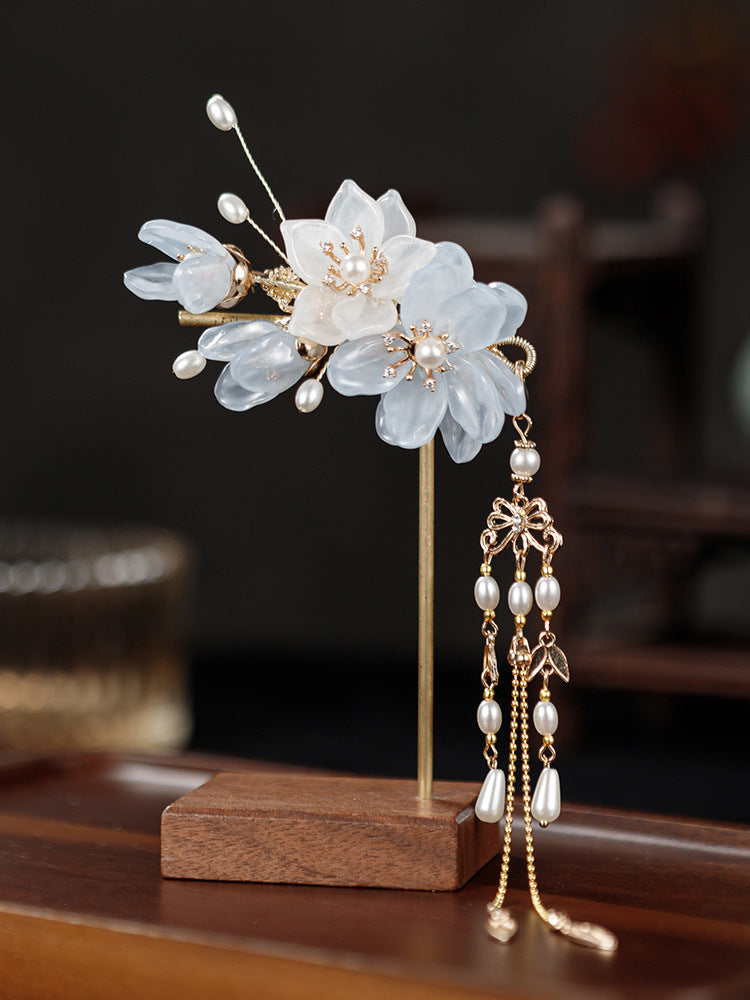 Orchid tassel headdress with side clips and new Chinese flower hairpins