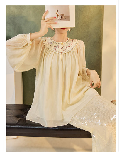 New Chinese Style Embroidered Mesh Shirt | Autumn Light Luxury Elegant Top