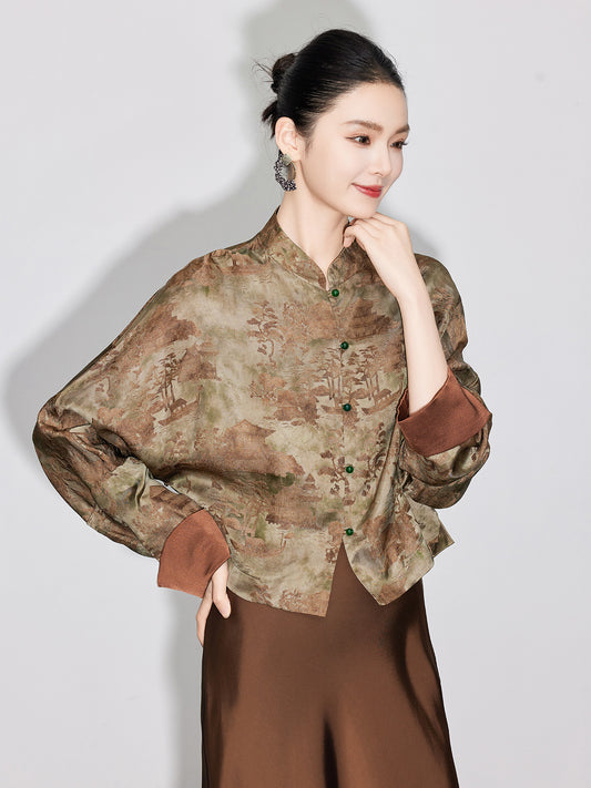 Stylish National Style Jacquard Blouse for Women