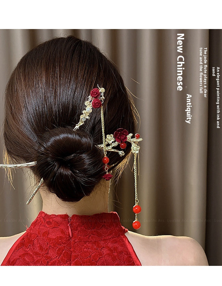 Velvet Rose Hairpin | Elegant Chinese Style Ancient Tassel Ornament