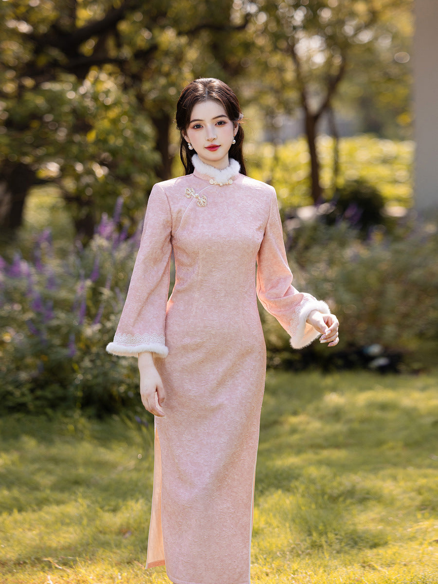 2025 New Pink Chinese Style Qipao | Warm Elegant Thickened Winter Dress