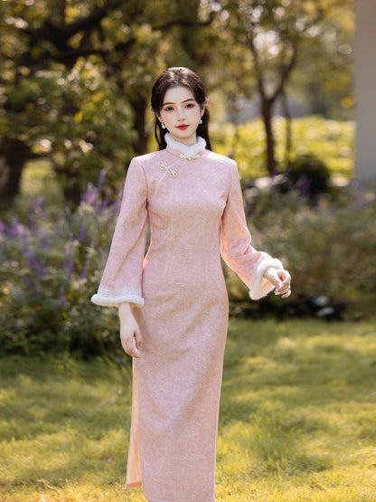 2025 New Pink Chinese Style Qipao | Warm Elegant Thickened Winter Dress