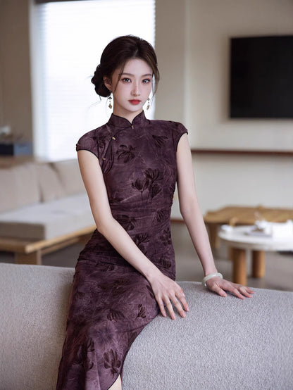 Elegant Purple Cheongsam – 2025 Slim Fit Retro Dress