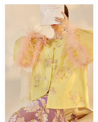 New Chinese Embroidered Feather Sleeve Patchwork Top & Skirt Set